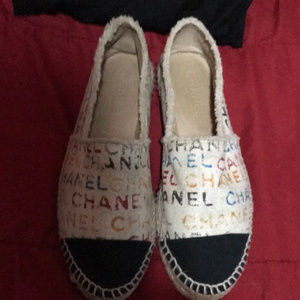 Chanel Cream Logo Cap Toe Canvas Espadrille Flats